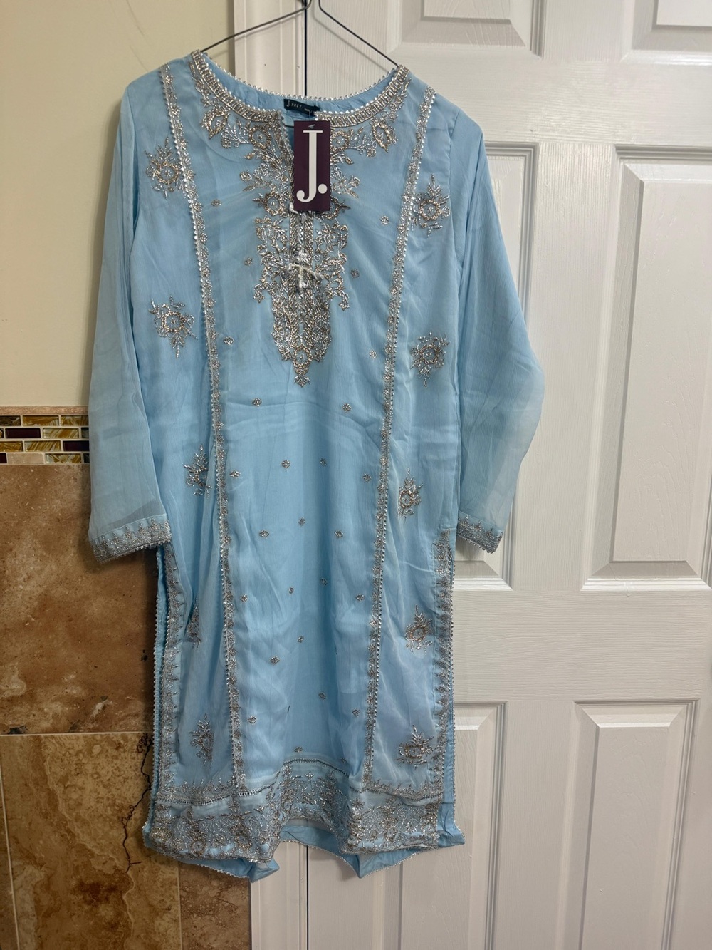 J. PRET Sky Blue Embroidered Women's Dress - Picture 2 of 9